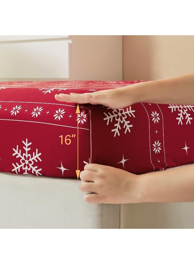 Vaulia Soft Microfiber Sheets, Print Snowflake Pattern Christmas Holidays, 4-Piece Set (1 Fitted Sheet 1 Flat Sheet 2 Pillowcases) Red/White Snowflake, Queen - Image 4